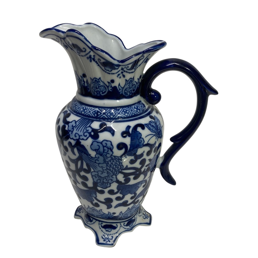 Seymour Mann China Blue Fine Porcelain Pitcher Ewer Butterfly Floral Vintage